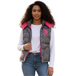 US Polo Assn. Plaid Puffer Vest Hooded Faux Fur NWOT L Pink/Black